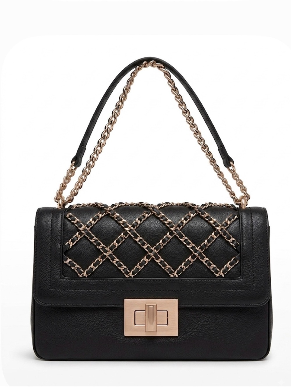 INC International Concepts Black Faux Leather Diamond Chain Shoulder Crossbody